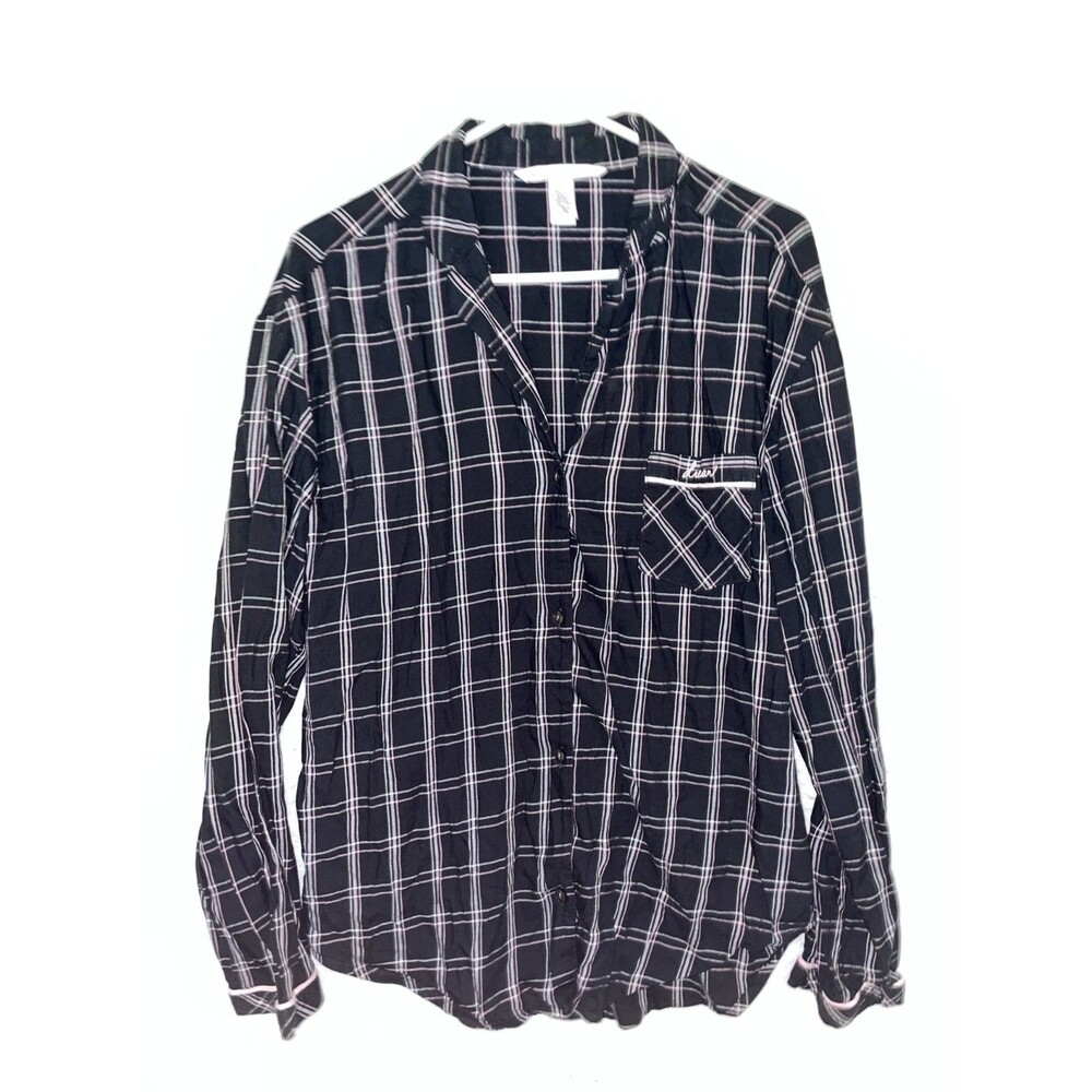 Victoria's Secret Women's Pajama Top Black Pink Plaid Lightweight Flannel Size M
